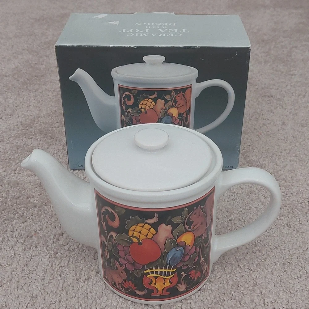 CBK LTD. White Ceramic Teapot with Colorful Nature Design NIB